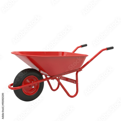 Red metal wheelbarrow with black wheel and handles isolated on Transparent Background