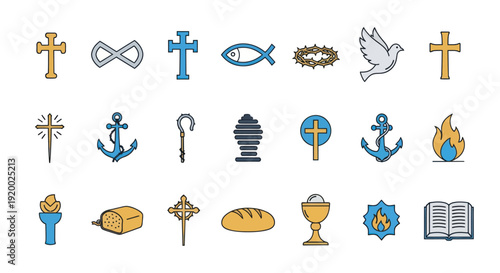 Christian Symbols Collection: Crosses, Dove, Fish, Bible, Bread, Chalice, Flame