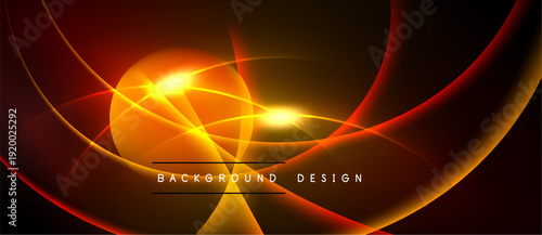 Abstract design features vibrant orange, yellow glows. Dynamic curves intersect creating energetic visual impact. Text reads background design.