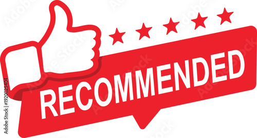 Recommended banner red color with thumbs up and stars.  For icon, logo, sign, seal, symbol, stamp, sticker. Vector illustration