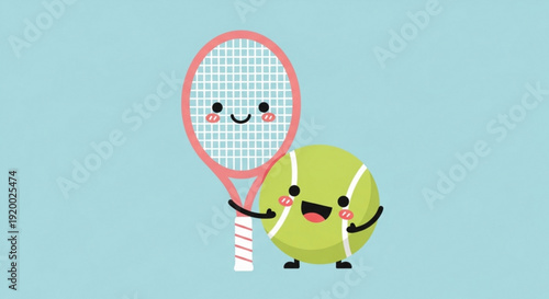 Smiling Tennis Ball and Racket Characters on Blue Background