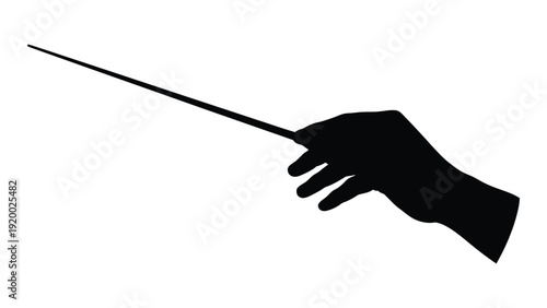 A black and white illustration of a hand holding a wand pointing to the left. isolated on white background, Vector