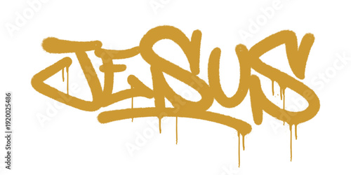 Jesus Word Graffiti Tag Spray Paint. Gold Yellow Typography with Splatter Texture and Paint Drips for Urban Faith Apparel.