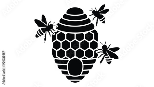 A detailed illustration of a beehive with three bees flying around it isolated on white background, Vector