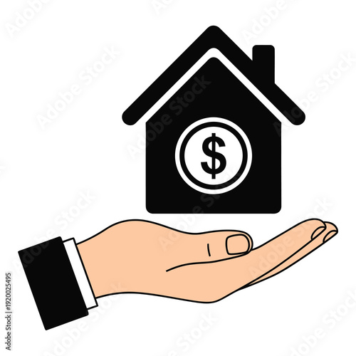 Hand holding house with dollar sign on transparent background icon