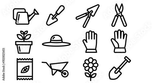 Gardening tools and plants depicted in a linear style silhouette
