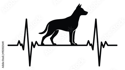 Silhouette of a dog standing on an electrocardiogram line representing pet health monitoring. isolated on white background, Vector