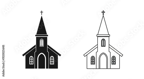 Church illustration, black and white church building, religious architecture, church design Vector