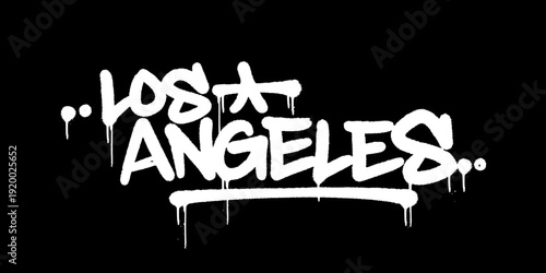 Los Angeles Graffiti Tag Spray Paint Art. White Gritty Lettering with Long Paint Drips for California Urban Streetwear Style.