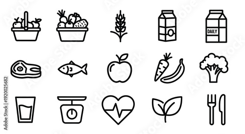 Healthy food icons and symbols in a linear style silhouette