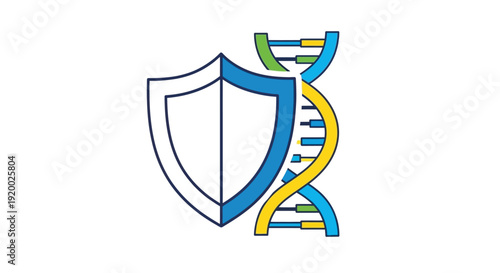 A blue and white shield protecting a colorful DNA double helix structure, symbolizing genetic security and biological defense.
