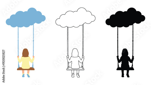 A colorful illustration of a girl swinging on a cloud shaped swing set