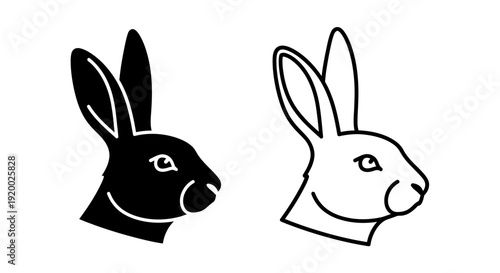 Two stylized rabbit heads facing each other, one black and one white, on a white background Vector