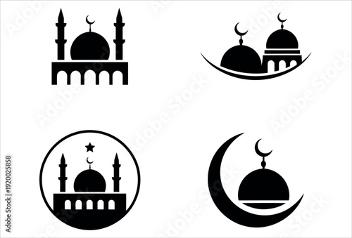 Islamic Mosque Silhouette with Crescent Moon and Minaret Icons Set for Ramadan Kareem and Eid Celebration Vector Illustration.