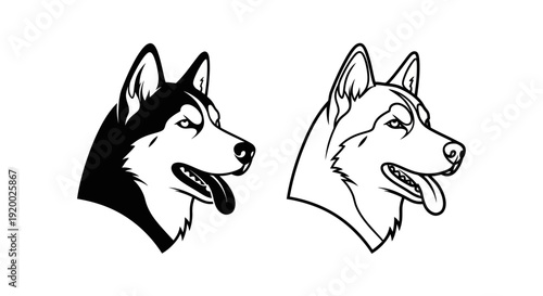 Two husky dog head profile silhouette line art illustration design Vector