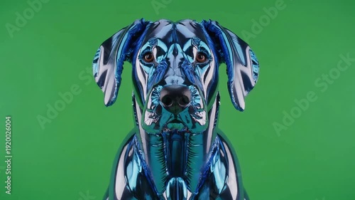 A metallic blue and silver balloon dog with realistic eyes looks directly at the camera on a vibrant green screen background.