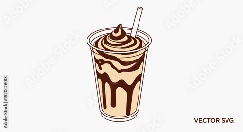 Iced Coffee Drink with Chocolate Drizzle and Whipped Cream in a Clear Plastic Cup with Straw