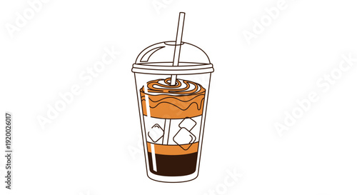 Iced coffee with cream and ice cubes in a transparent plastic cup with straw