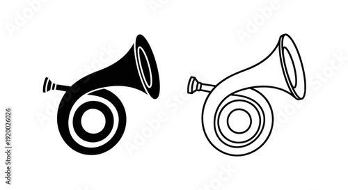 Two musical instruments, horns, and trumpets, vector illustration, black and white Vector