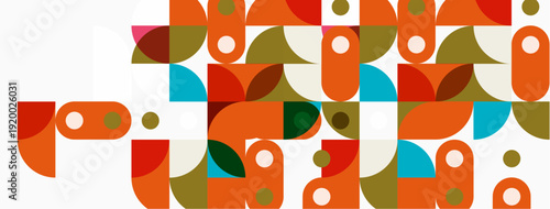 Abstract geometric pattern. Circles, rectangles, shapes overlap creating midcentury modern aesthetic. Warm colors dominate composition.