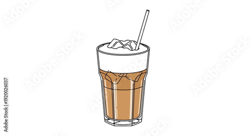 Iced Coffee Drink with Cream and Ice Cubes in a Tall Glass with Straw, Minimalist Line Art