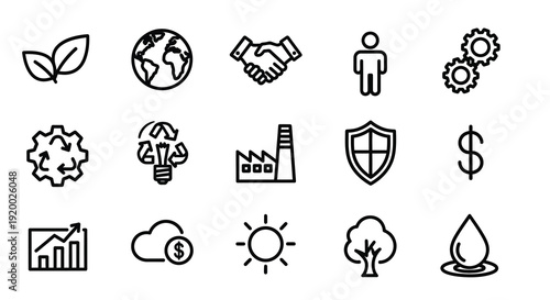 Collection of business and environmental icons in a simple silhouette