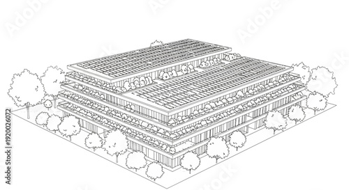 Architectural line drawing of a modern multi-story building with a flat roof and surrounding trees in an isometric view.