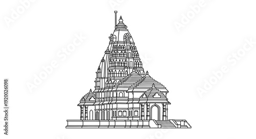 Intricate Hindu Temple Architecture, Traditional Indian Religious Building Outline