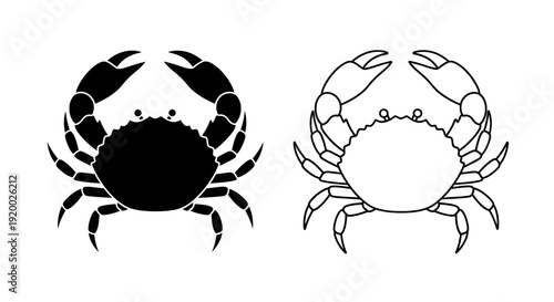 Two crab illustrations, one black and one white, side by side, minimalist design Vector