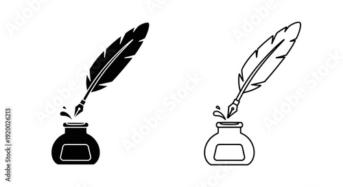 Elegant quill pens dipping in ink bottles, vintage writing tools, classic stationery Vector