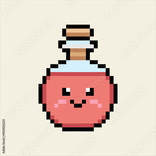 Cute kawaii pixel art 8-bit RPG health potion bottle, round glass shape, smiling liquid face, pastel red tones, cork top, thick outline, centered sprite icon