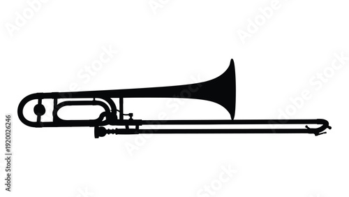 A black and white illustration of a trombone, a musical instrument isolated on white background, Vector