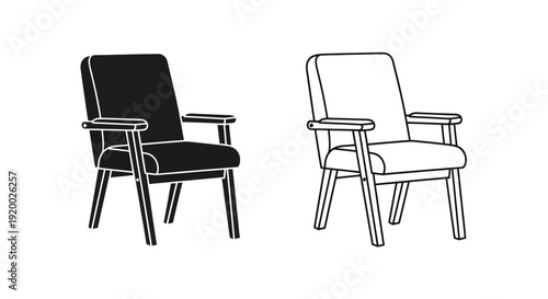 Two vintage armchairs with wooden legs and armrests, minimalist line art design Vector