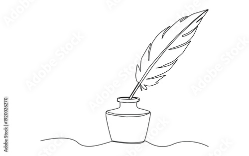 Continuous one line drawing of classic writing setup featuring feather quill, ink bottle, blank paper,
symbolizing creativity and authorship.