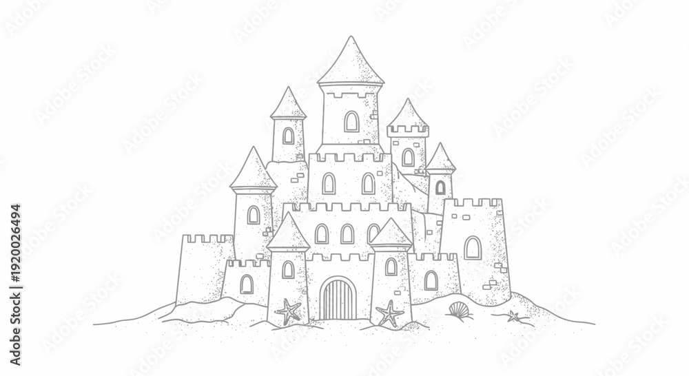 Naklejka premium Hand-drawn sketch of a sandcastle on a beach with starfish and shells