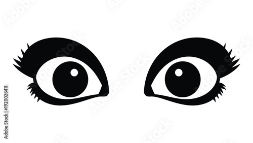 A pair of expressive black and white eyes with detailed eyelashes and pupils. isolated on white background, Vector