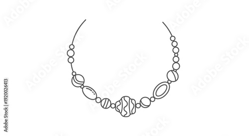 Hand-drawn necklace with diverse beads, simple line art, elegant jewelry design
