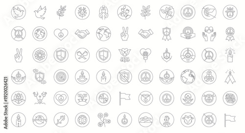 Collection of Peace and Hope Symbols Icons: Dove, Olive Branch, Heart, Earth, Hands, Candle