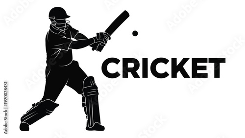 A silhouette of a cricket player in action with a bat and ball in mid-air. isolated on white background, Vector