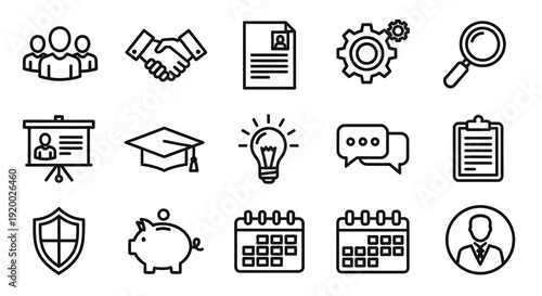 Business icons featuring people documents and gears a silhouette