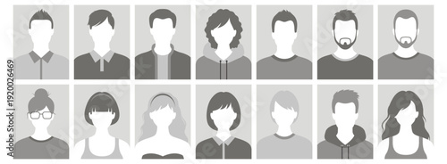 Grid diverse avatar portraits representing students and learners, campus and online classroom vibe, tutor and alumni silhouettes, ID placeholder icons for enrollment and elearning systems