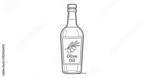 Hand-drawn sketch of a glass bottle filled with olive oil, featuring a label with olives and leaves.
