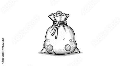 Hand-Drawn Sketch of a Full Bag of Coins, Money Sack with Coins Visible