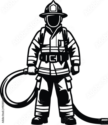 Vector Illustration of a Firefighter in Full Gear Holding a Hose, Black and White Graphic for Emergency Services, Safety, and Heroic Themes. Isolated on White.