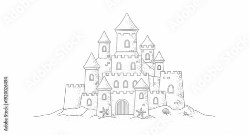 Hand-drawn sketch of a sandcastle on a beach with starfish and shells