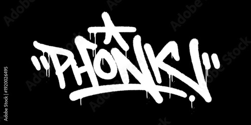 Phonk Music Graffiti Tag Spray Paint. Bold White Typography with Realistic Paint Drips and Gritty Texture for Urban Streetwear Design.