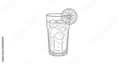 Hand-drawn sketch of a refreshing glass of iced drink with lemon slice and ice cubes