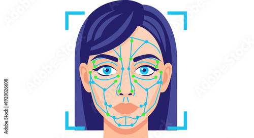 Facial recognition technology scanning a woman's face with biometric data points and a digital grid.