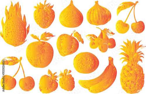 Vintage engraved fruit collection with halftone shading and distressed ink texture, monochrome vector design elements