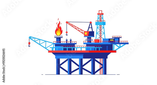 Offshore oil rig platform with a burning flame and drilling equipment in a flat vector illustration.